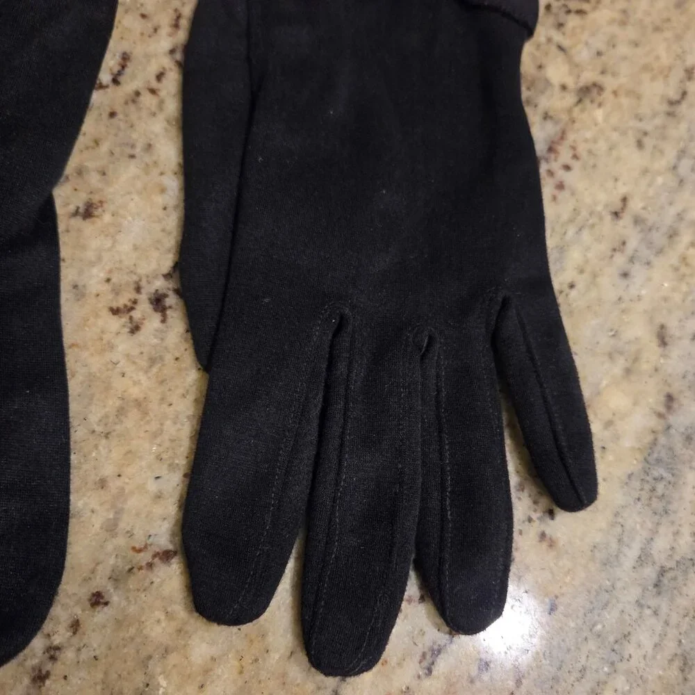 Vintage Womens Size M Black Nylon Stretch Formal Gloves Twist Metal Accent